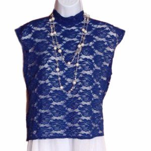 Sexy Vintage Blue Sleeveless See Through Lace Top